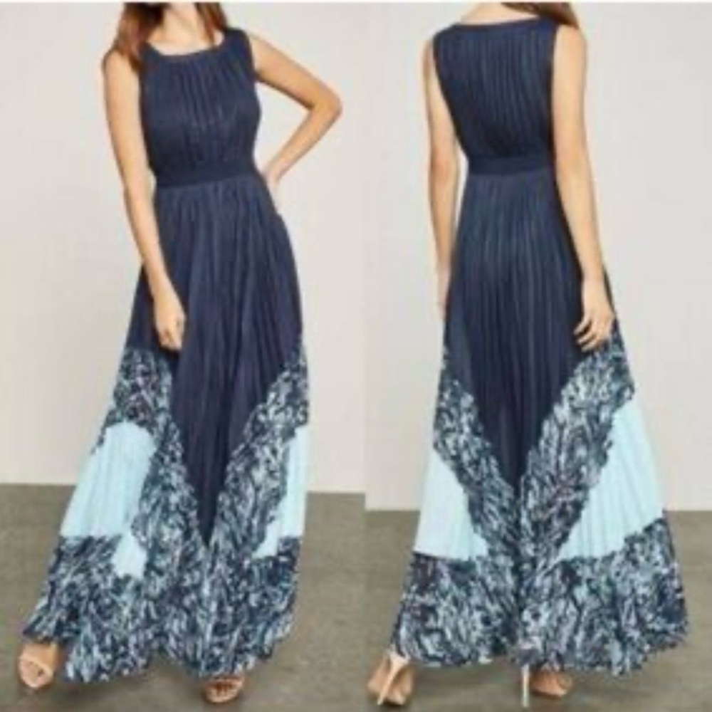 MaxAzria Sleeveless Navy Plisse Pleated Charlotte Maxi Dress Gown Flowy S NWT